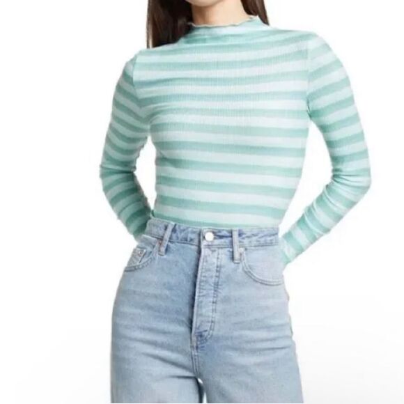 Cali BE Blue & Gray Striped Long Sleeve Mock Neck Sweater Women's Size L - Picture 1 of 8